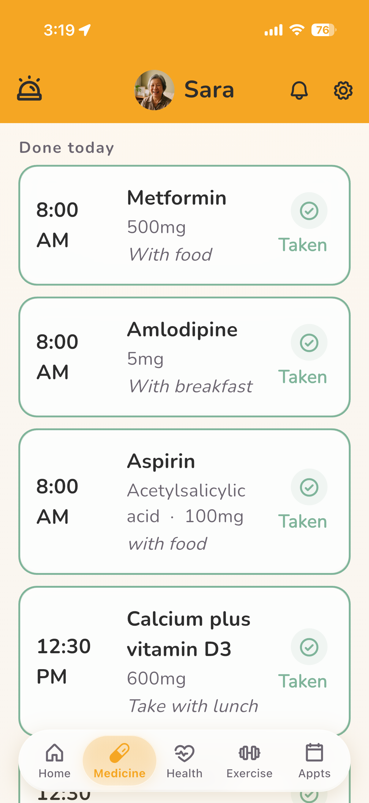 The Nuri medicine list on an iPhone, one large row per dose showing the time, the medicine, the instruction and whether it has been taken.