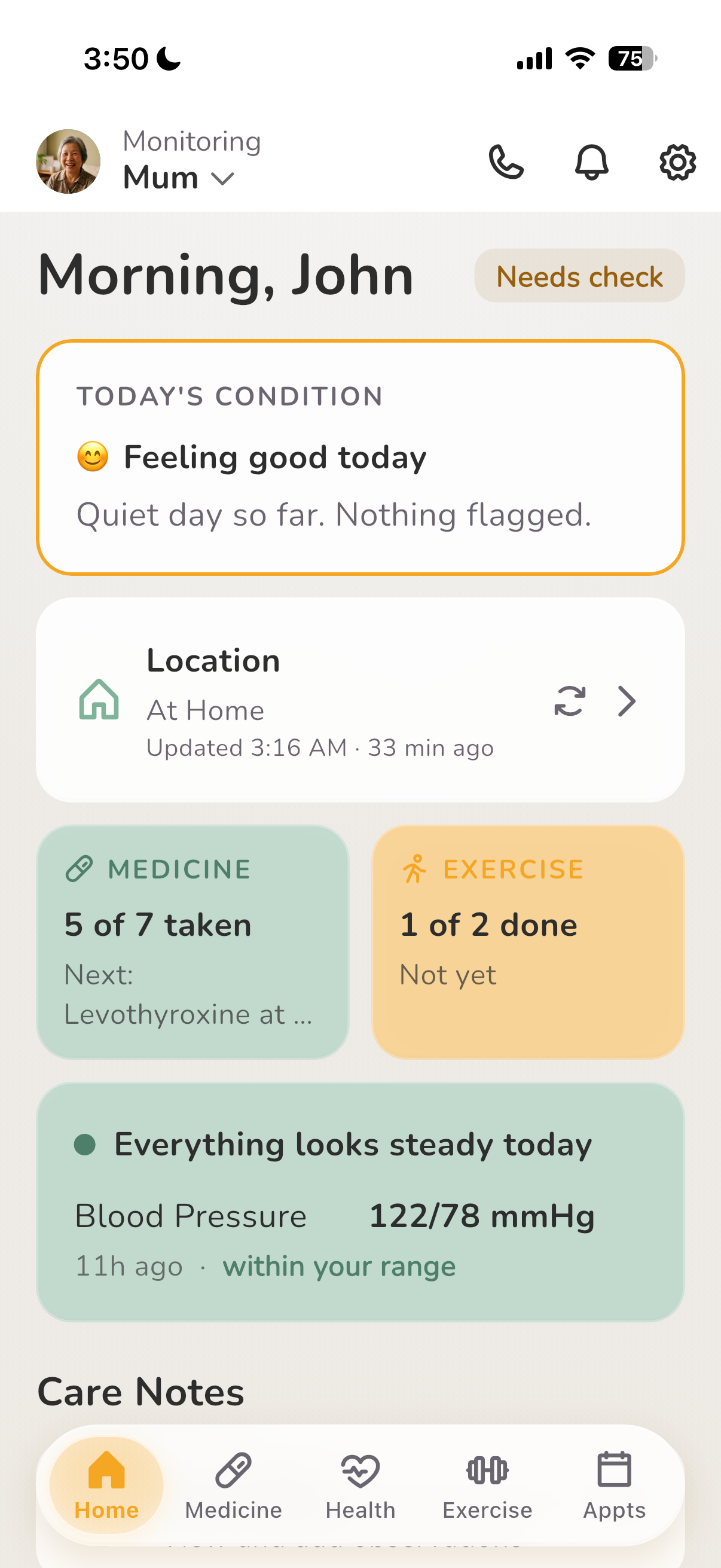 The Nuri family overview on an iPhone, showing how the day is going.